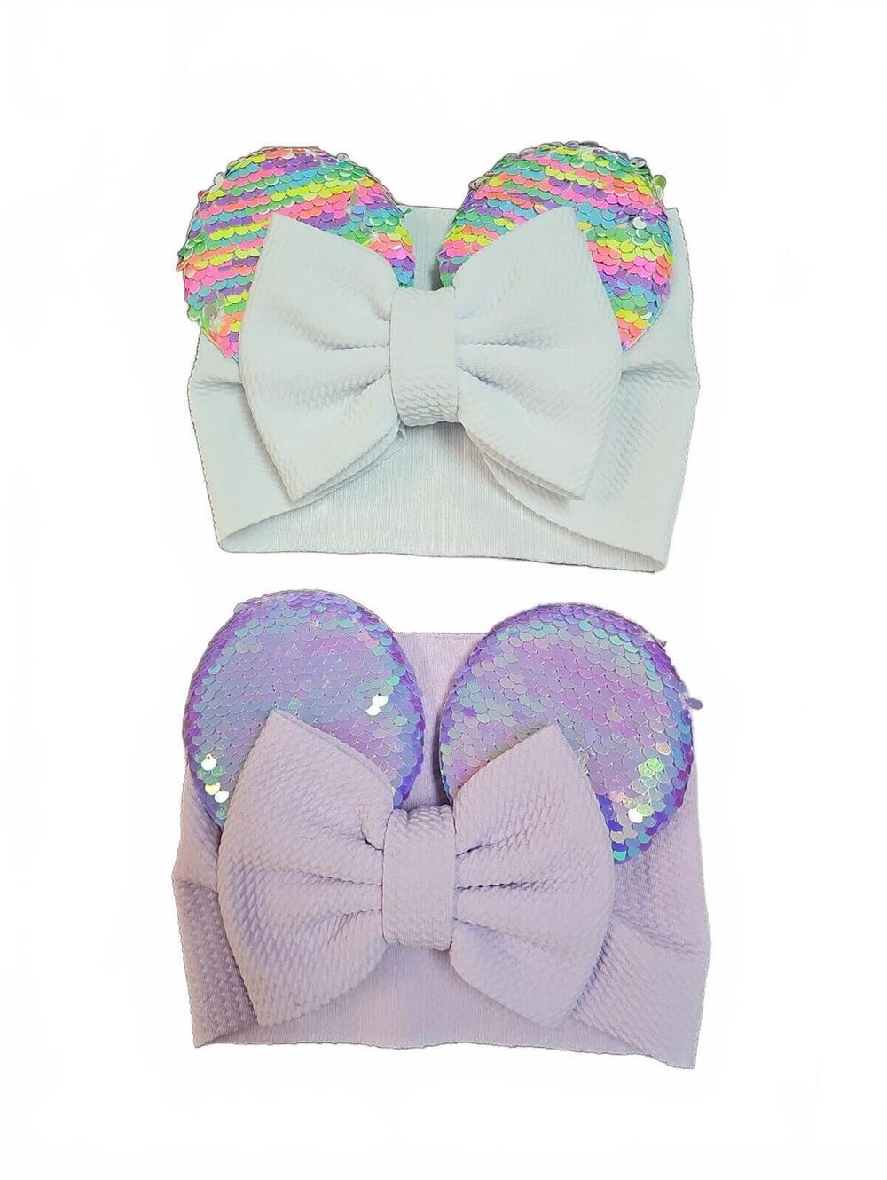 Baby Girls Sequin Headband Minnie Mouse Ears Bow Knot Turban Head wrap Set Of 2